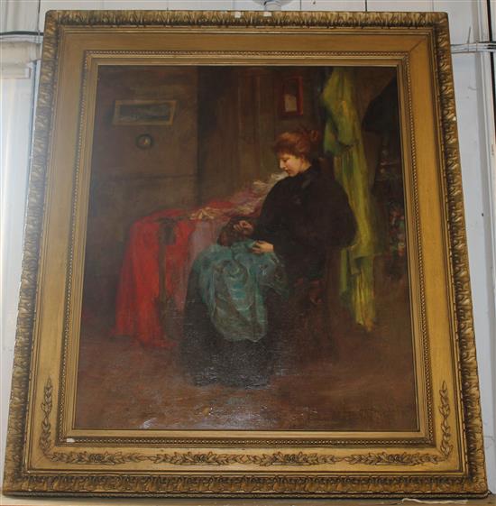 M J Bulekin, oil,  Interior with woman sewing(-)
